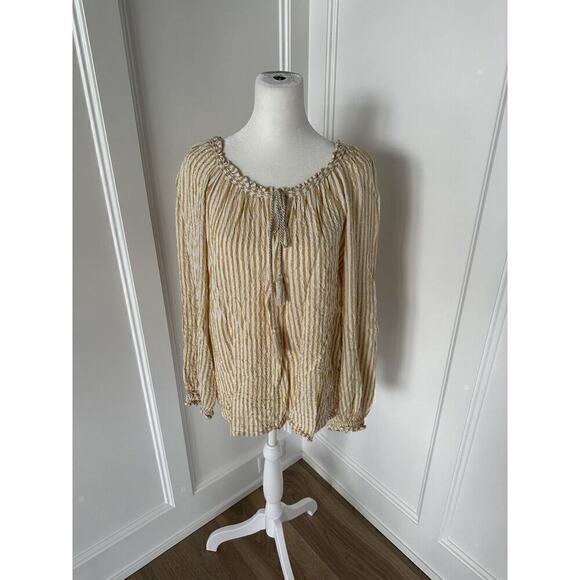 Max Studio Womens Tan and White Striped Loose Fit Keyhole Peasant Blouse Large - Picture 1 of 13